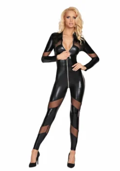 CHANCAY Mesh And Wetlook Catsuit – Black – QS