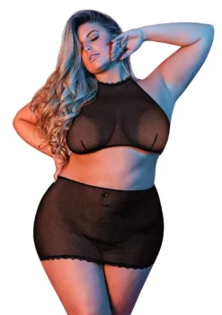 Polka Dot Mesh Halter & Skirt Set – Black – S / M