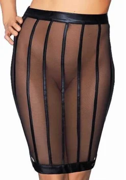 Socorro – Wetlook En Mesh Gestreepte Kokerrok – Black – L